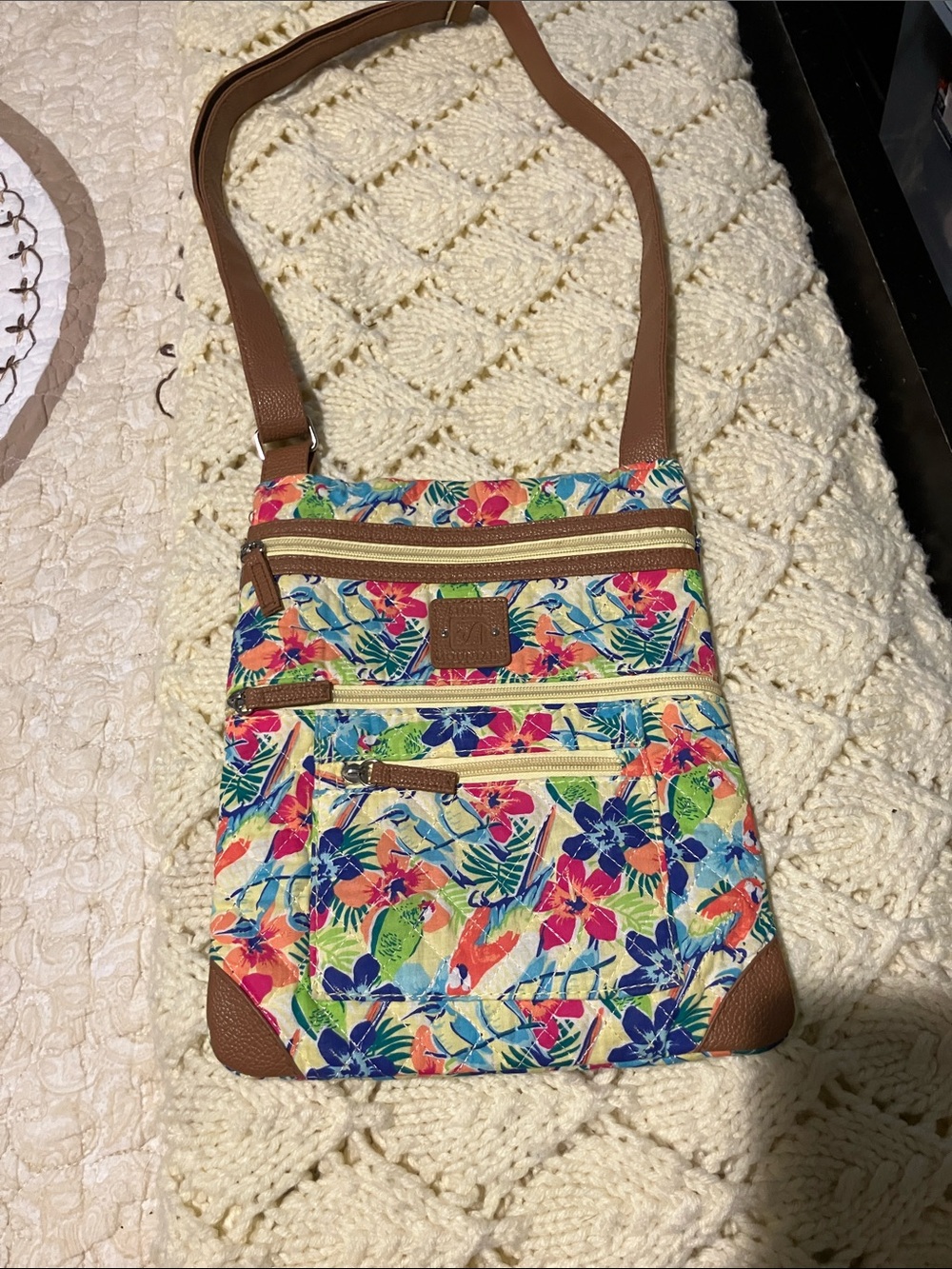 Stone Mountain Accessories Floral Multi-Color Crossbody Bag with Brown Trim